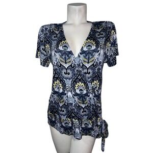 Loft Outlet Womens Sz L Damask Paisley VNeck Side Tie Wrap Top Navy Yellow Rayon